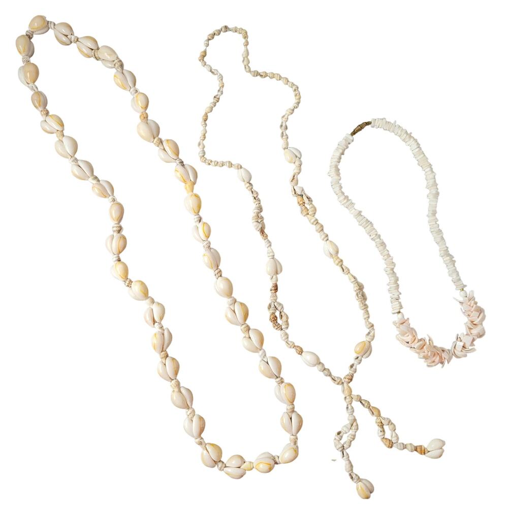 Vintage Shell and Cowrie Bead Necklace Lot of 3 Mixed Styles Natural Look